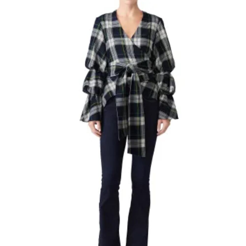 Petersyn Plaid Dexter Top Sz M navy green white puff sleeve
